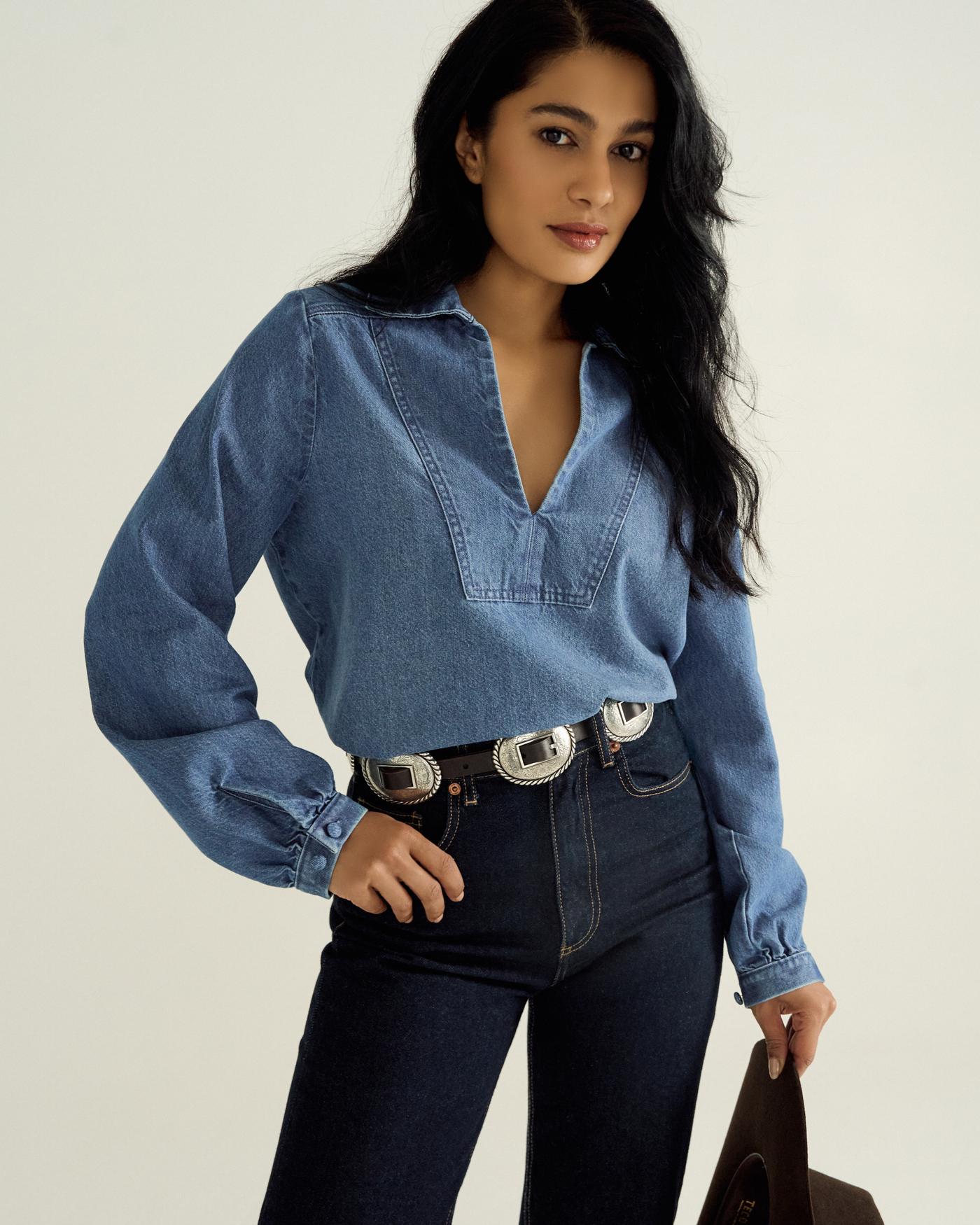 Women's Long Sleeve Denim Popover